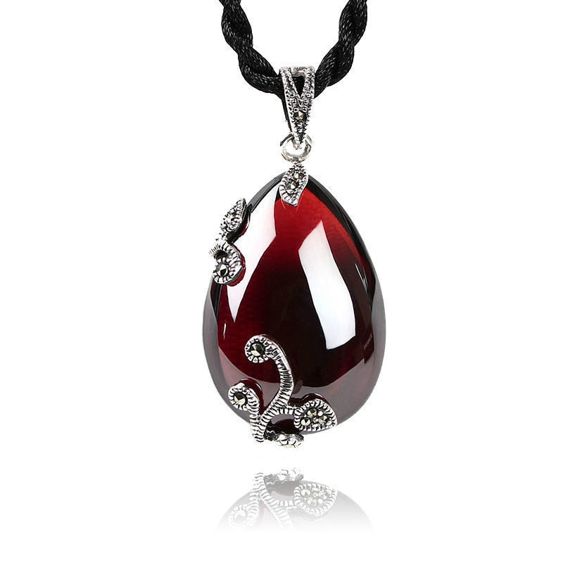 JIASHUNTAI Retro Red Garnet Gemstone 925 Silver Sterling Pendant Necklace Female Silver Jewelry For Women Flower Design