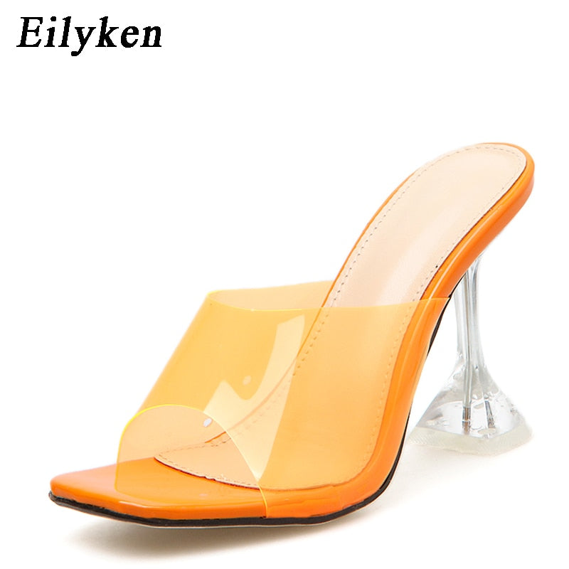 Eilyken Orange Silver PVC Jelly Transparent Perspex  Women Slippers Open Toe Sandals Fashion Clear High Heels Shoes Size 42