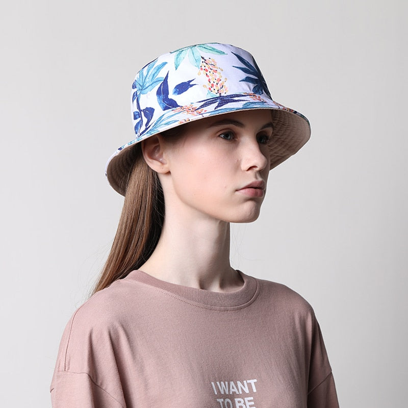 NUZADA Print Bucket Hat Summer Hats For Women Fisherman Hat Cotton Foldable Female Sunscreen Shade Caps Double Sided Can Be Worn