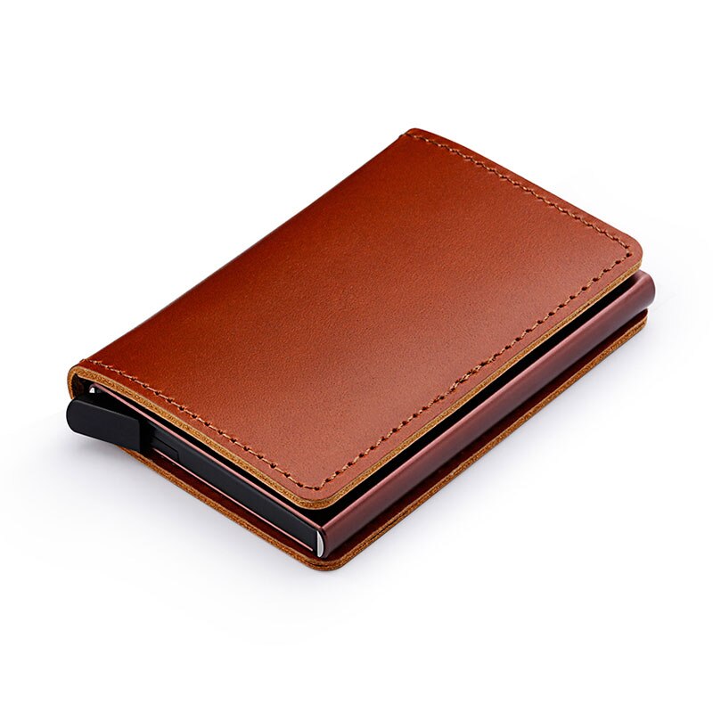 RFID Protected 100% Genuine Leather Card Holder Men Aluminum Metal Business Slim ID Credit Cardholder Mini Wallet（send 12）