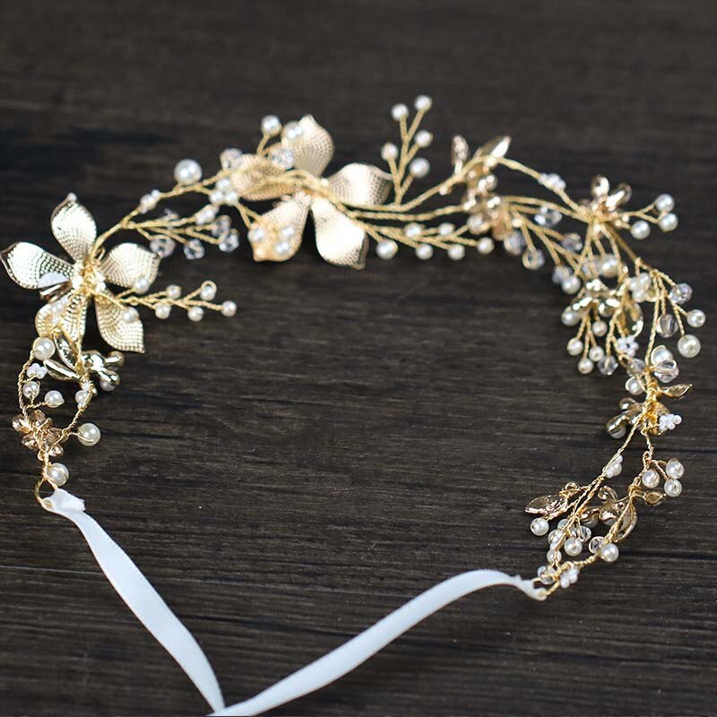 Floral Headbands For Women Golden Leaf Wired Crystal Pearls Flower Hairband Wedding Crown Hair Vine Bridal Hair accessories VL