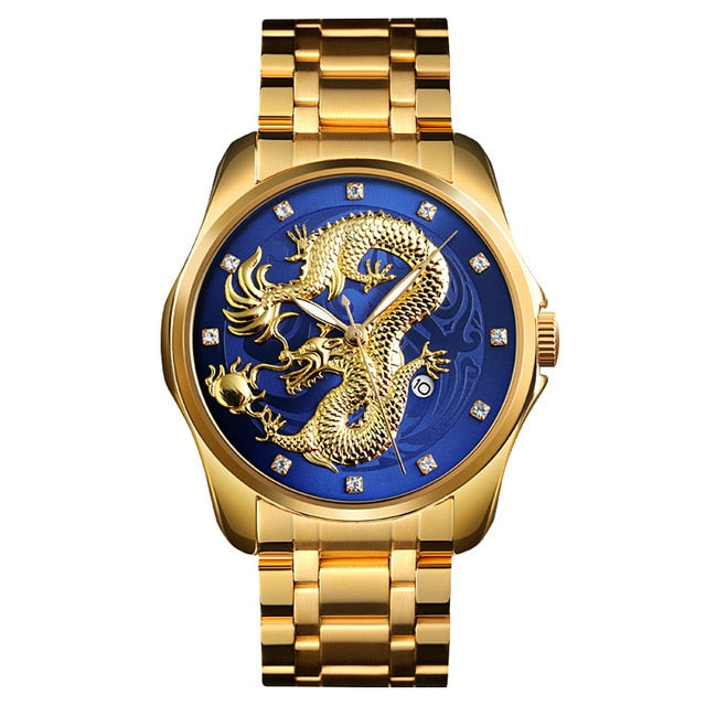 2020 SKMEI lujo dragón chino patrón hombres reloj de cuarzo dorado relojes masculinos relojes de pulsera impermeables Relogio Masculino 9193