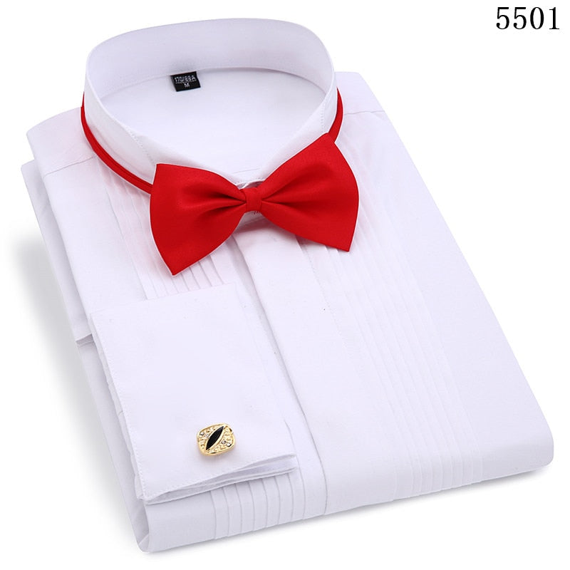 Esmoquin de boda para hombre, camisas de vestir de manga larga, gemelos franceses, pliegue de cola de golondrina, diseño de botones oscuros, camisa de caballero, blanco, rojo y negro