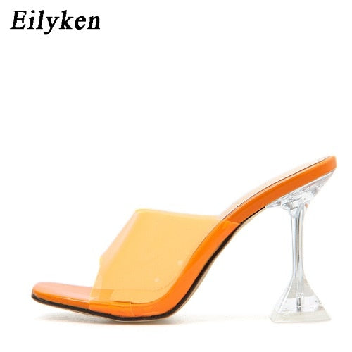 Eilyken Orange Silver PVC Jelly Transparent Perspex  Women Slippers Open Toe Sandals Fashion Clear High Heels Shoes Size 42