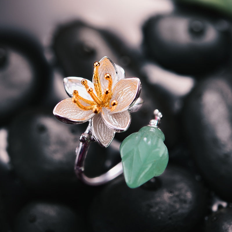 Lotus Fun Ring aus echtem 925er Sterlingsilber mit natürlichen Aventurin-Edelsteinen, Blumenring, feiner Schmuck, Lotus-Flüsterringe für Frauen, Bijoux