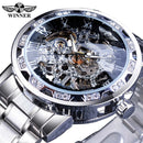 Winner Transparent Diamond Mechanical Watch Blue Stainless Steel Skeleton Watch Top Brand Luxury Business Luminous Male Clock