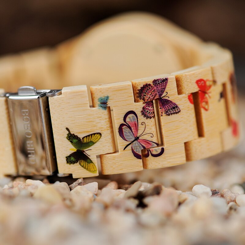 BOBO BIRD Ladies Wood Watch Women montre femme Bamboo Band Painting Butterfly Quartz Watches in Wooden Gift Box OEM W-O20