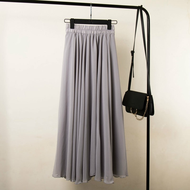 Womens Boho Style 3 Layer Chiffon Long Skirt Female Elegant High Waist Non-transparent Beach Maxi Skirts Saia 2021 Spring SK121