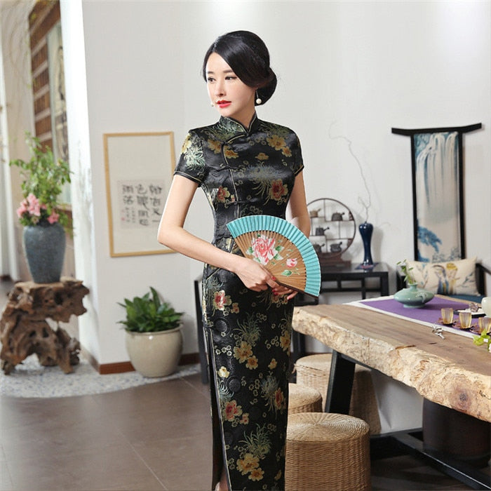 2021 New High Fashion Grün Rayon Cheongsam Chinesische Klassische Frauen Qipao Elegant Kurzarm Neuheit Langes Kleid S-3XL C0136-D