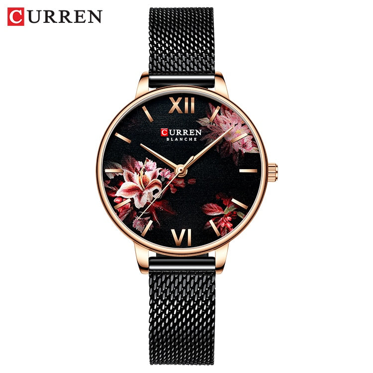 Relojes de mujer CURREN, reloj negro, reloj de pulsera de cuarzo de malla de acero inoxidable, reloj informal con encanto para mujer, relojes femeninos