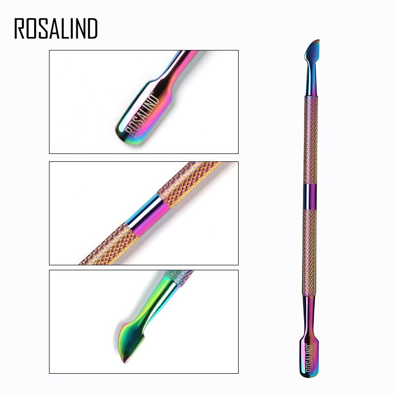 Empujador de cutículas ROSALIND, 1 Uds., herramientas de Arte de uñas de acero inoxidable arcoíris, empujador de cuchara de 2 vías, herramientas de pedicura y manicura