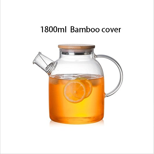 1000ml/1800ml Glass Kettle Water Jug Heat Resistant Flower Teapots with Bamboo Lid Stainless Steel Cover Clear Juice Container