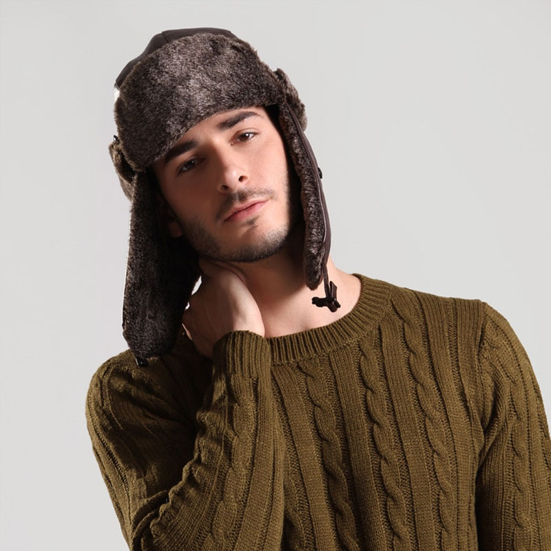 Sombrero de bombardero con orejeras para hombre Invierno Faux Leather Fur Russian Earflap Trapper Cap Aviator Fleece Beanie Hombre