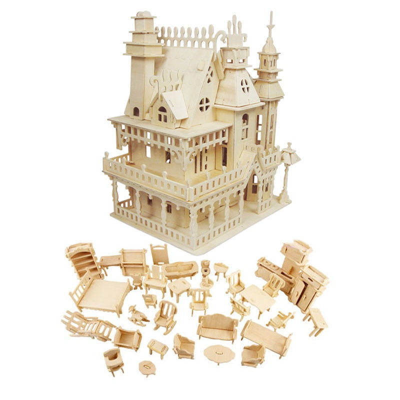 Casa de muñecas de madera muebles en miniatura juguete DIY montaje casa de muñecas mini casa de muñecas para niñas regalos niños rompecabezas 3D juguetes