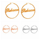 1 par de pendientes de nombre personalizados, placa de identificación grande personalizada, pendiente de aro hecho a mano, joyería geométrica redonda de acero inoxidable, regalos para niñas