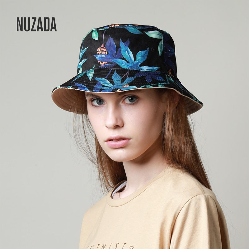 NUZADA Print Bucket Hat Summer Hats For Women Fisherman Hat Cotton Foldable Female Sunscreen Shade Caps Double Sided Can Be Worn