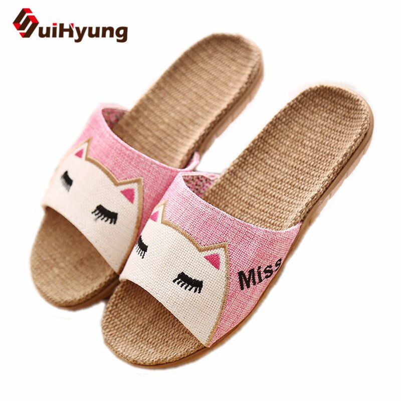 Zapatillas de lino Suihyung, zapatos de playa de verano para mujer, chanclas de gato bonitas, chanclas transpirables para niñas, zapatillas de lino para interiores, sandalias femeninas