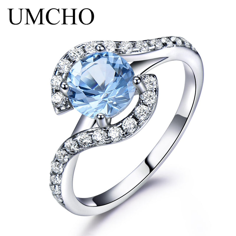 UMCHO Real 925 Sterling Silver Rings For Women Classic Round Created Sky Blue Topaz Gemstone Wedding Valentine&