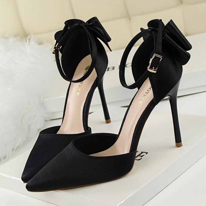 2019 Bow Damenschuhe Spitz Pumps Abendschuhe High Heels Bootsschuhe Hochzeitsschuhe Tenis Feminino Side mit Plus Größe 34-43