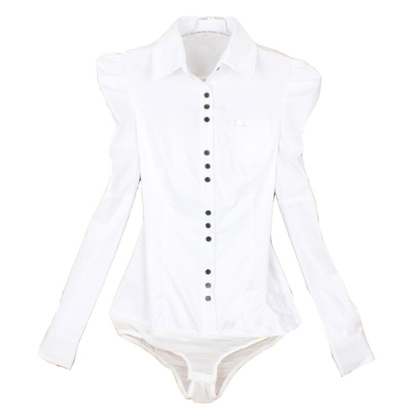 Nueva moda elegante de manga larga de algodón OL Body Shirt Office Ladies Bodysuit diseño de botón azul oscuro blanco rojo S-3XL de talla grande