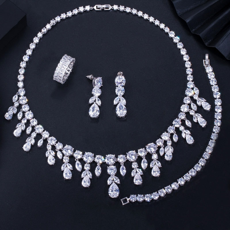 CWWZircons Dangle Drop Dubai Zircon Necklace Earrings Bracelet and Rings Bridal Jewelry Set Women Wedding Dress Accessories T342