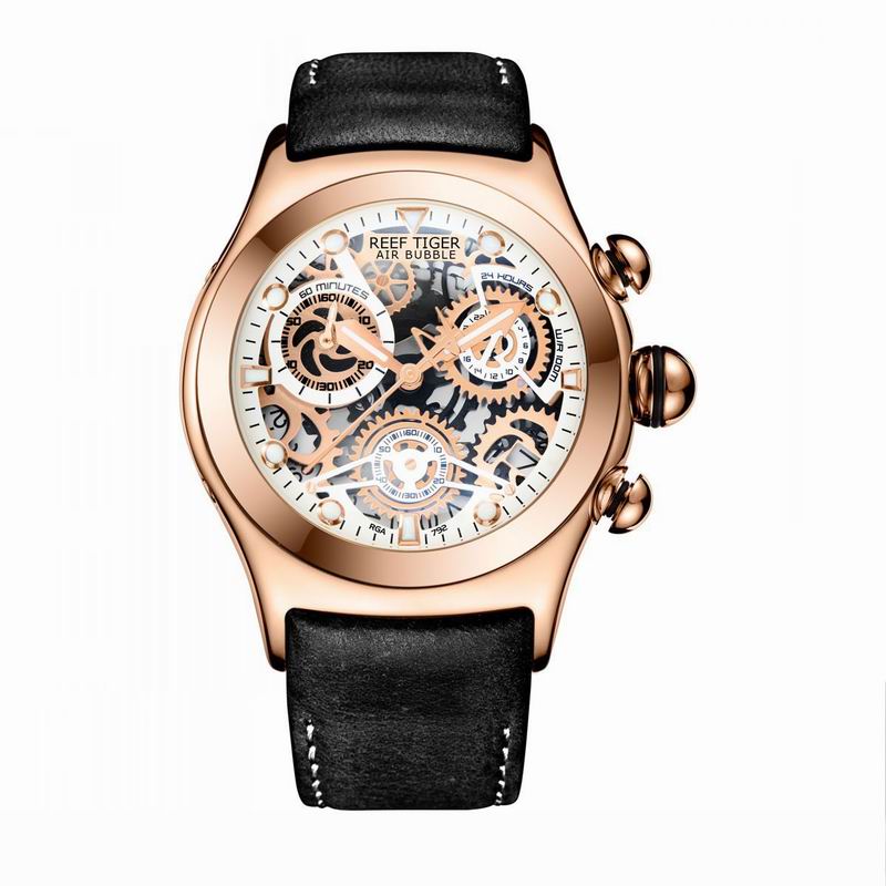 Reef Tiger/RT Chronograph Sport Watches for Men Skeleton Dial with Date Three Counters Luminous Rose Gold Unique Watches RGA792