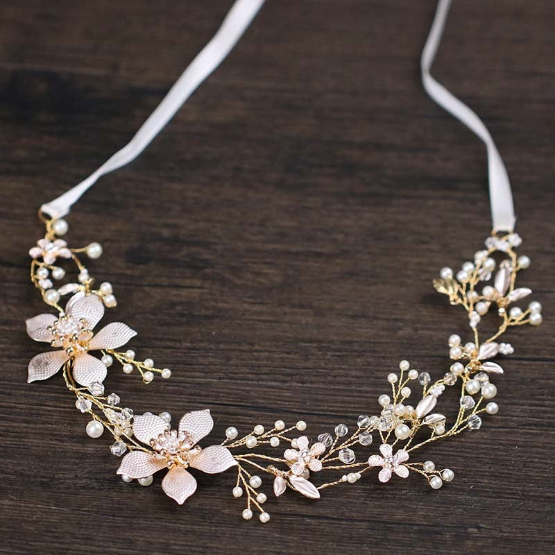 Floral Headbands For Women Golden Leaf Wired Crystal Pearls Flower Hairband Wedding Crown Hair Vine Bridal Hair accessories VL