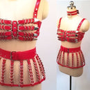 100% Handcrafted Heavy Duty 4 Row Caged Bra PU Leather Women Harness Bondage Chest Lingerie Bra Belt Skirt Harness Waist Belt