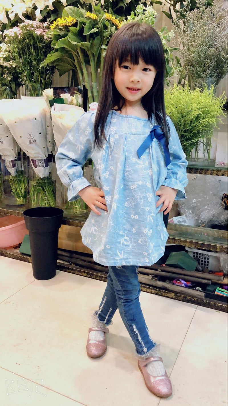 2021 Spring Autumn 2-10T Years Child Kids Birthday Gift O Neck Long-Sleeve Flower Print Denim Blue Colour Bow Cute Girls Shirt