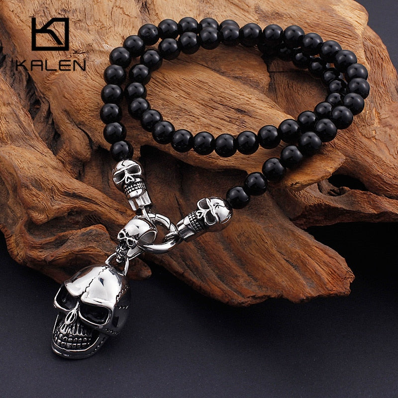 KALEN African Glass Beads 47cm 50cm 60cm 75cm Cadena Collares Hombres Punk Acero inoxidable Cráneo Colgante Declaración Gargantilla Joyería