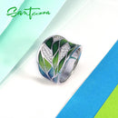 SANTUZZA Silver Rings For Women Genuine 925 Sterling Silver Green Bamboo leaves Luminous CZ Trendy Jewelry Handmade Enamel