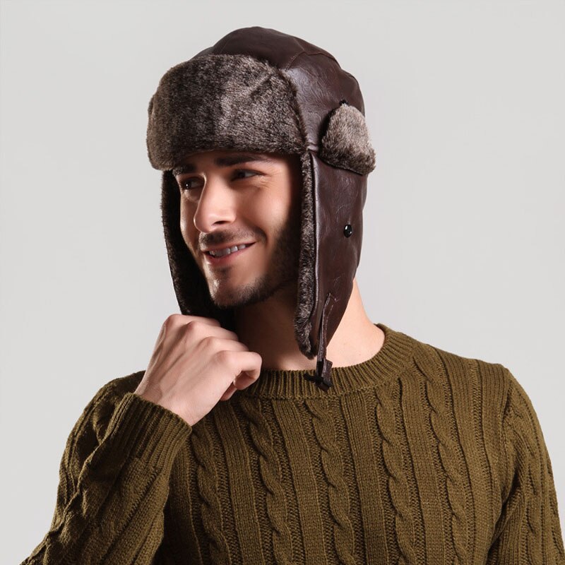 Sombrero de bombardero con orejeras para hombre Invierno Faux Leather Fur Russian Earflap Trapper Cap Aviator Fleece Beanie Hombre