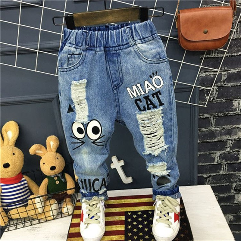 Neue Mädchen Jeans Frühling Herbst Kinder Hosen 1-7 Jahre Baby Jungen Mädchen Jeans Jungen Casual Loch Hosen Cartoon Katze Jeans Kinder Hosen