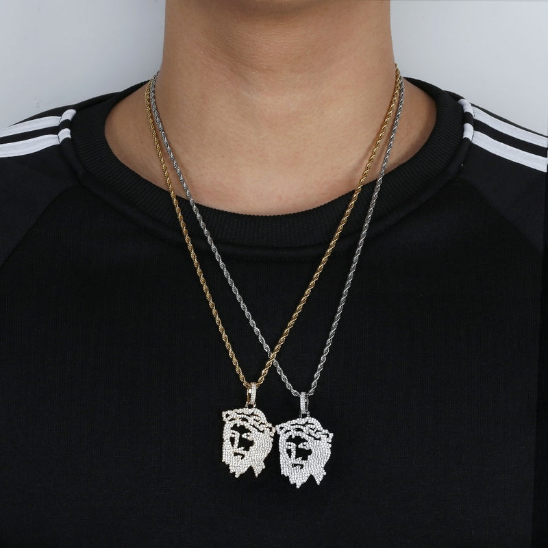 TOPGRILLZ Solid Back Iced Out JESUS Christ Head Face Pendants Necklaces Hip Hop Gold Silver Color Chain for Men Women Jewelry