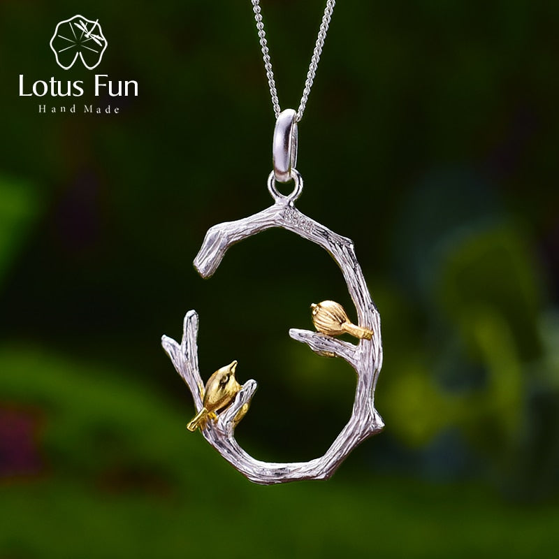 Lotus Fun Echt 925 Sterling Silber Natürlicher Original Feiner Schmuck 18 Karat Gold Vogel auf Ast Anhänger ohne Halskette für Frauen Geschenk