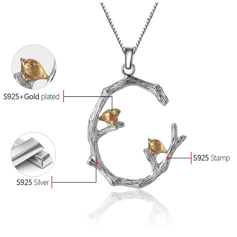 Lotus Fun Plata de Ley 925 auténtica, joyería fina Original Natural, colgante de pájaro en rama de oro de 18 quilates sin collar para regalo de mujer