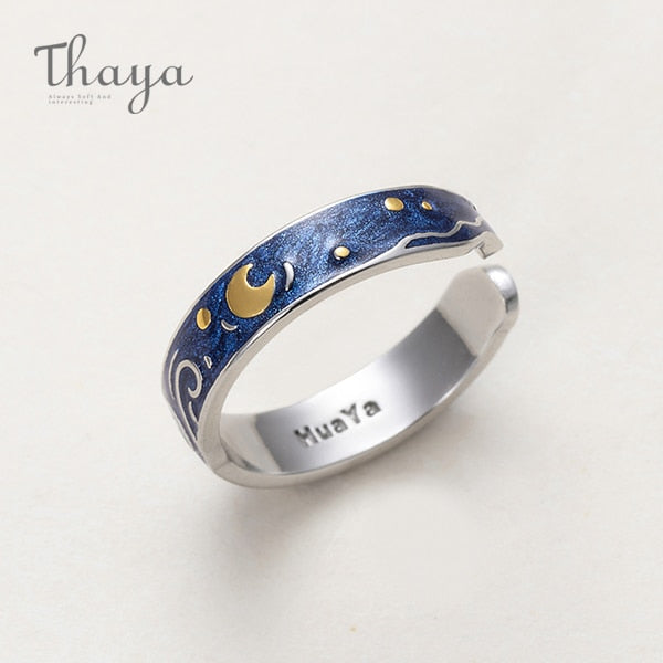 Thaya Van Goghs Emaille-Paarringe Sky Star Moon s925 Silber Glitzerringe Verlobungsring Hochzeitsschmuck für Frauen