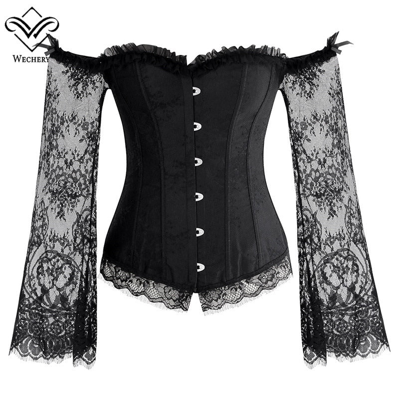 Women Halloween Steampunk Corset Sexy Bodice Long Sleeve Red Corselet Lace Up Bustier Party Club Wedding Tops Plus Size S-6XL