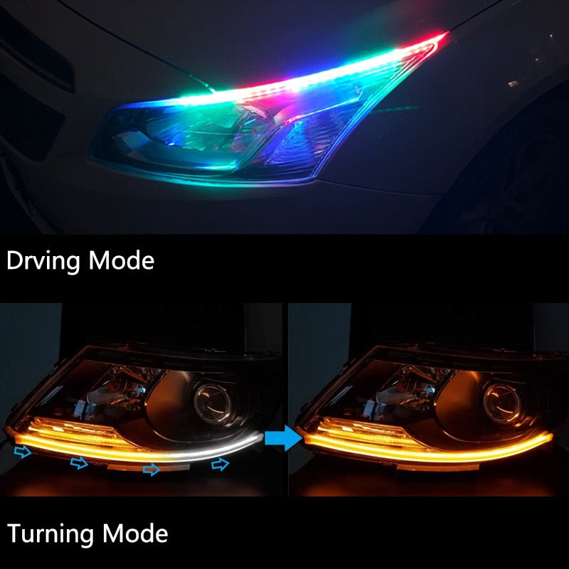 2Pcs Universal Flexible Flowing RGB Daytime Running Light DRL Multi Color LED Strip Turn Signal Lights For Headlight