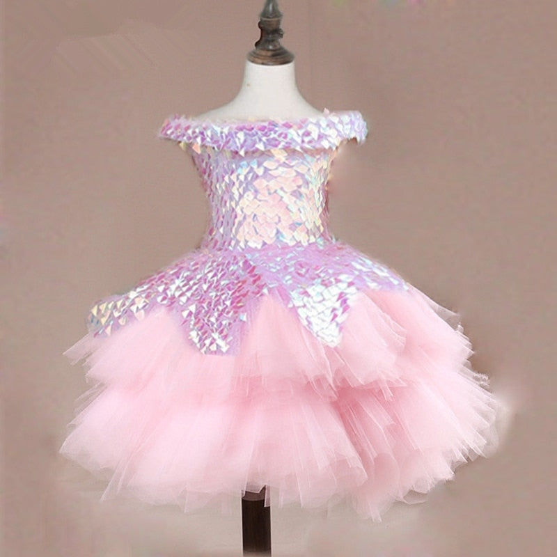 Flower Girl Dress Children Wedding Bridemaid Mermaid Dresses Kids Pink Tutu Sequin Gowns Girl Boutique Party Wear Elegant Frocks