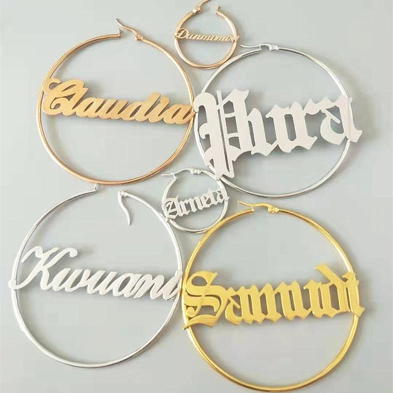 1 Pair Custom Name Earrings Personalized Big Nameplate Handmade Hoop Earring Stainless Steel Round Geometry Jewelry Girls Gifts