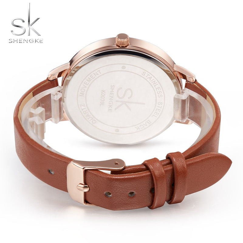 Relojes Shengke para mujer, reloj de pulsera de marca de lujo, reloj de cuero para mujer, reloj de cuarzo Ginebra a la moda para mujer, reloj femenino nuevo SK