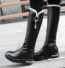 New Women Boots Knee High Boots Square Heels Fashion Round Toe Rubber Sole Woman Leather Shoes Winter Black