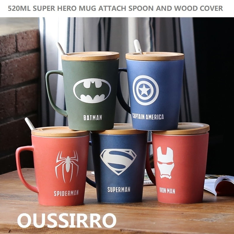 Super Hero Mug With Wood Cover and Spoon Pure Color Mugs Cup Kitchen Tool Gift