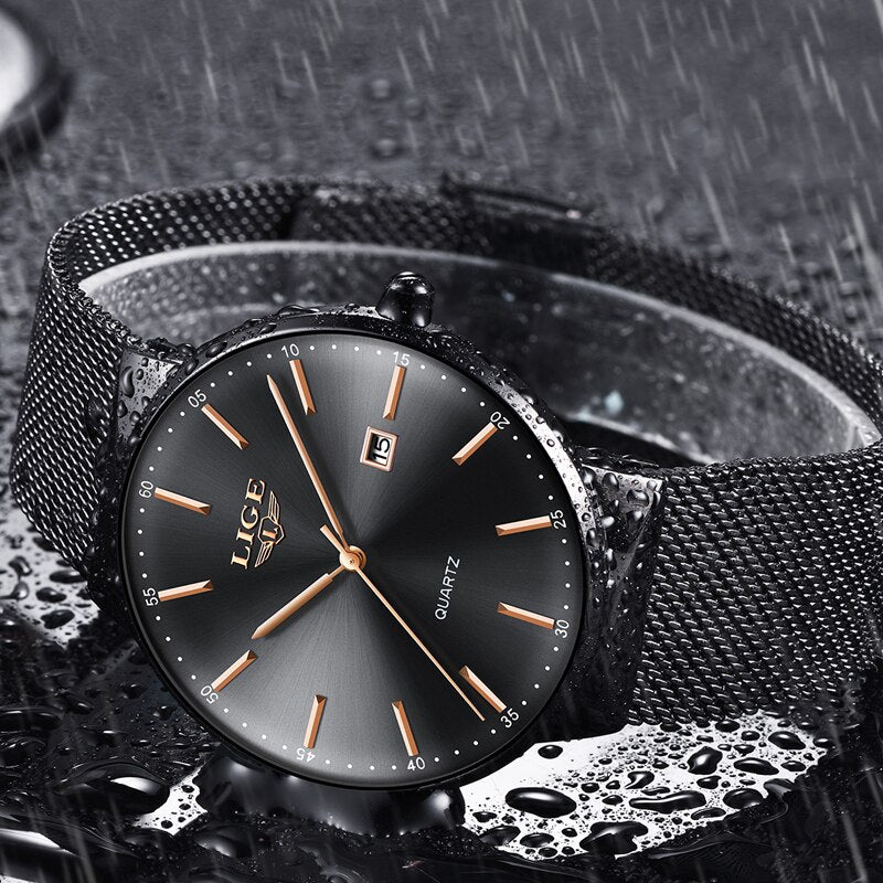 LIGE Men Quartz Watches Waterproof Automatic Date Watch for men Fashion Simple Clock Full Steel Casual Sport Man Chronograph+Box