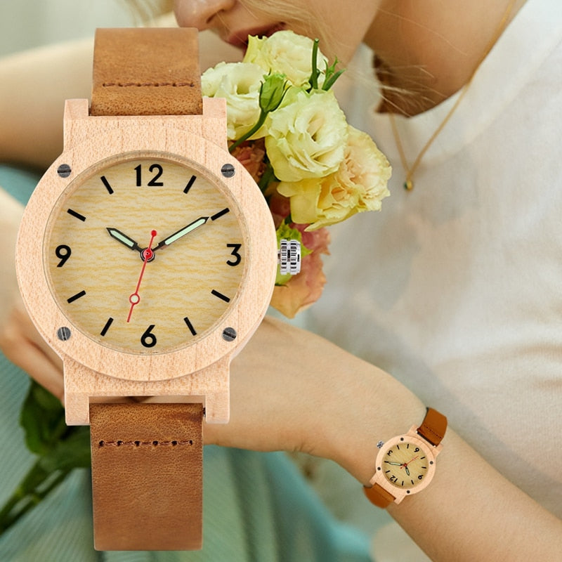 Maple Wood Watch Damenuhren Luminous Needle Damen Kleideruhr Lederband Lässige Quarz-Armbanduhr Luxury relogio femininos