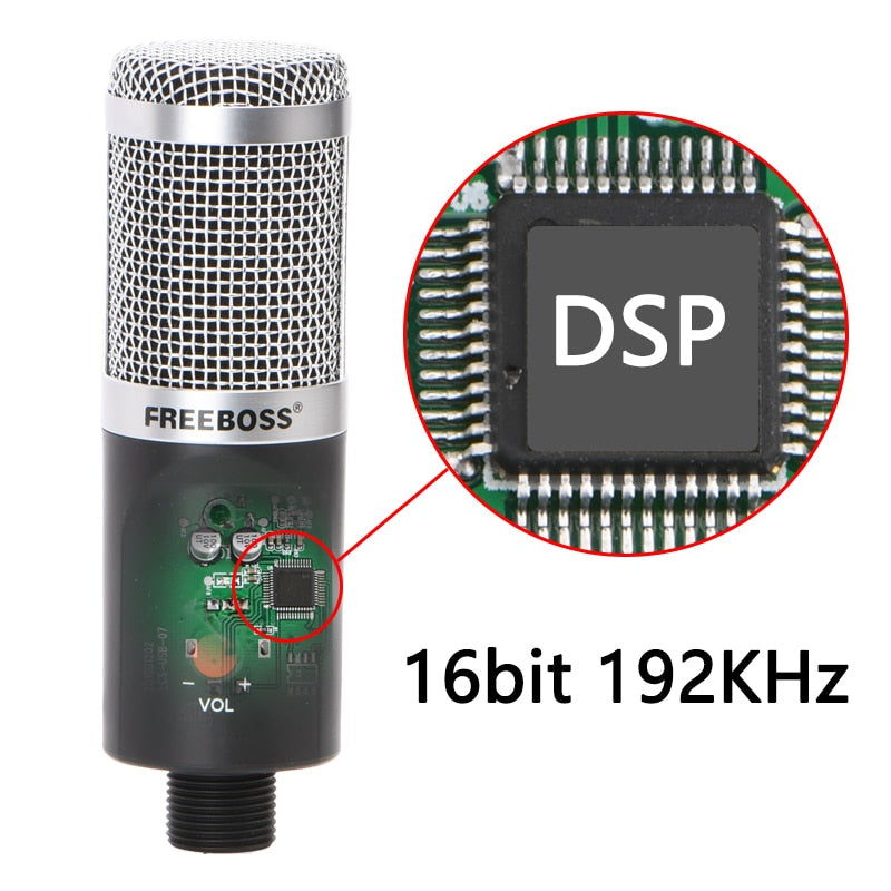 FREEBOSS USB condensador micrófono computadora grabación Chat 192 KHz 16 bits frecuencia de muestreo cápsula cardioide bajo ruido Mic FB-W03