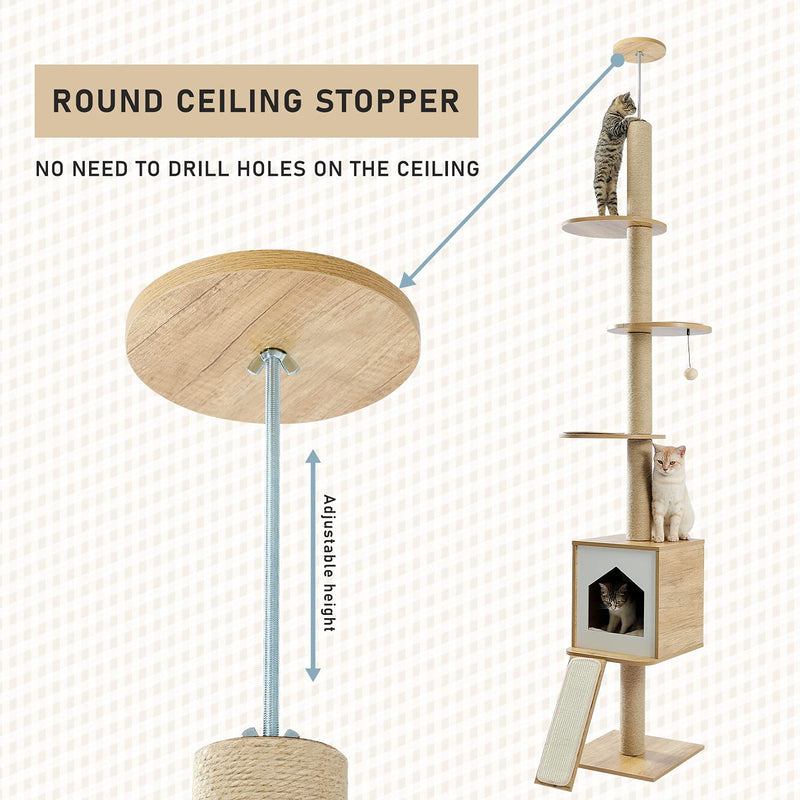 Four Tier Floor-to-Ceiling Cat Tree + Scratching Post Toy- 94.5-102.4 in Modern Cat Climbing Tower with a Scratcher Beige