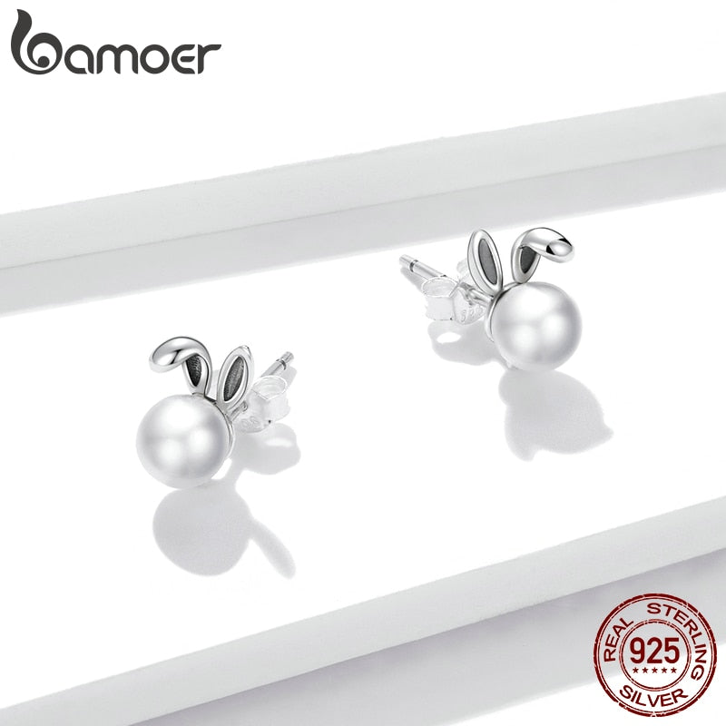 bamoer 925 Sterling Silver Cute bunny Earrings for Women Wedding Engagement Ear shell pearl Hypoallergenic Brincos BSE463