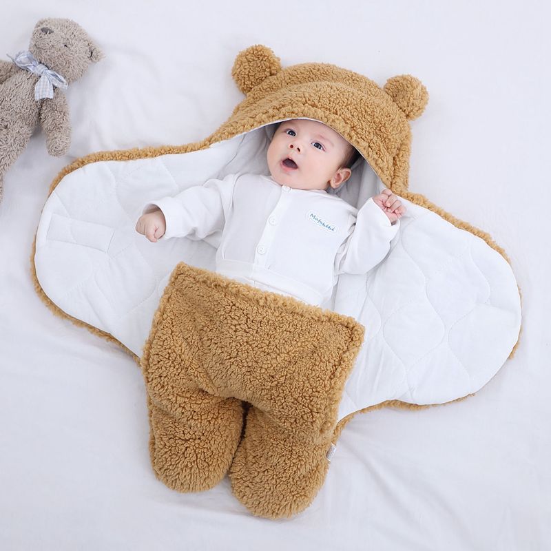 Saco de dormir con velcro envuelto estilo murciélago para bebé, saco de dormir de lana para invierno, manta envolvente para recién nacido, pijama de modelado de oso de 1 a 3M